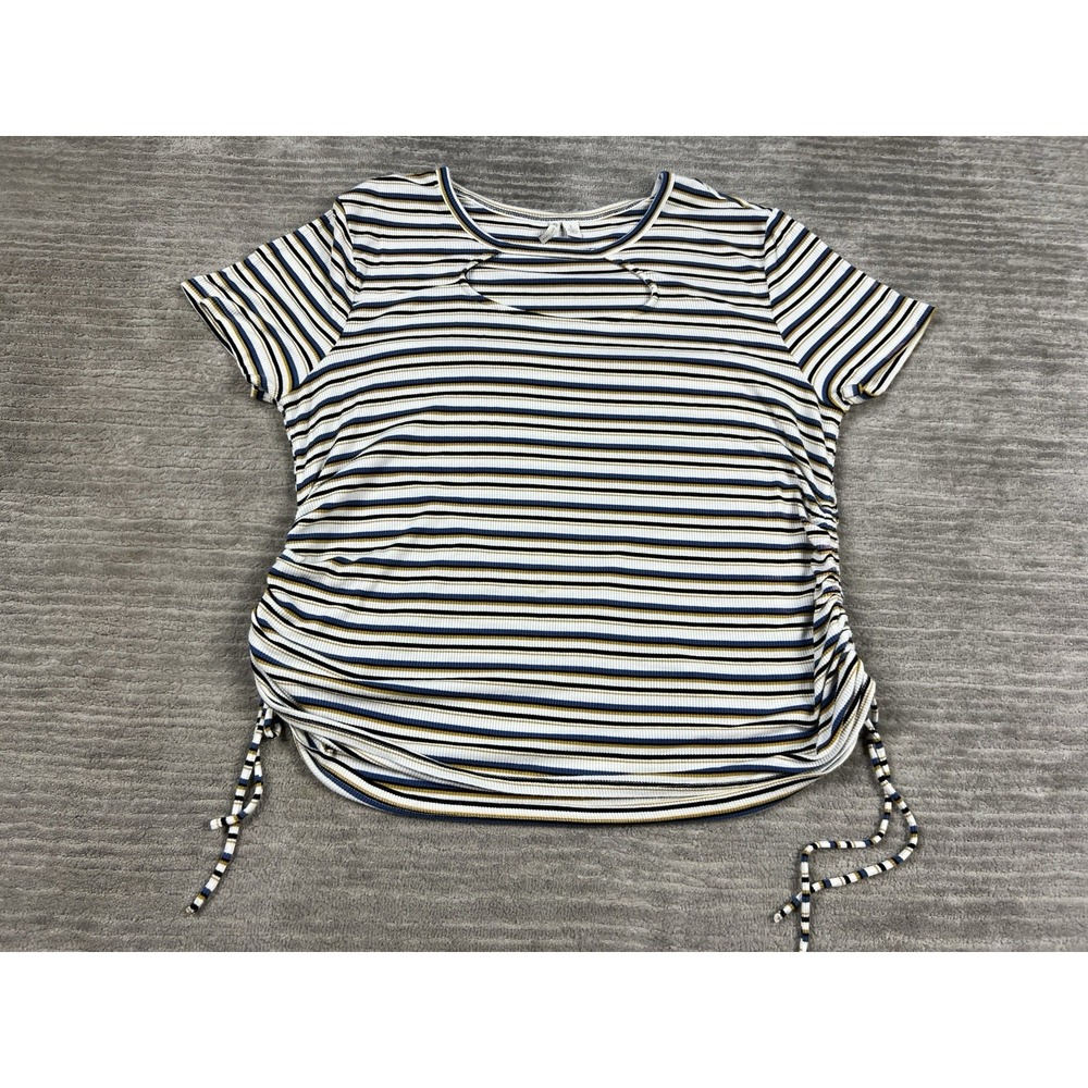Cato Top Womens Large Cut Out Chest Striped Short Sleeve Ruched Rayon Blend‎